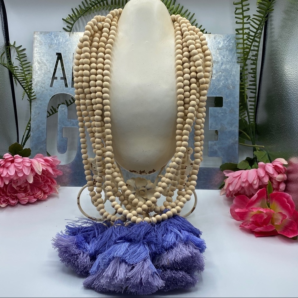 Jane 3tier Wood Bead purple Tassel Necklace - Picture 2 of 10